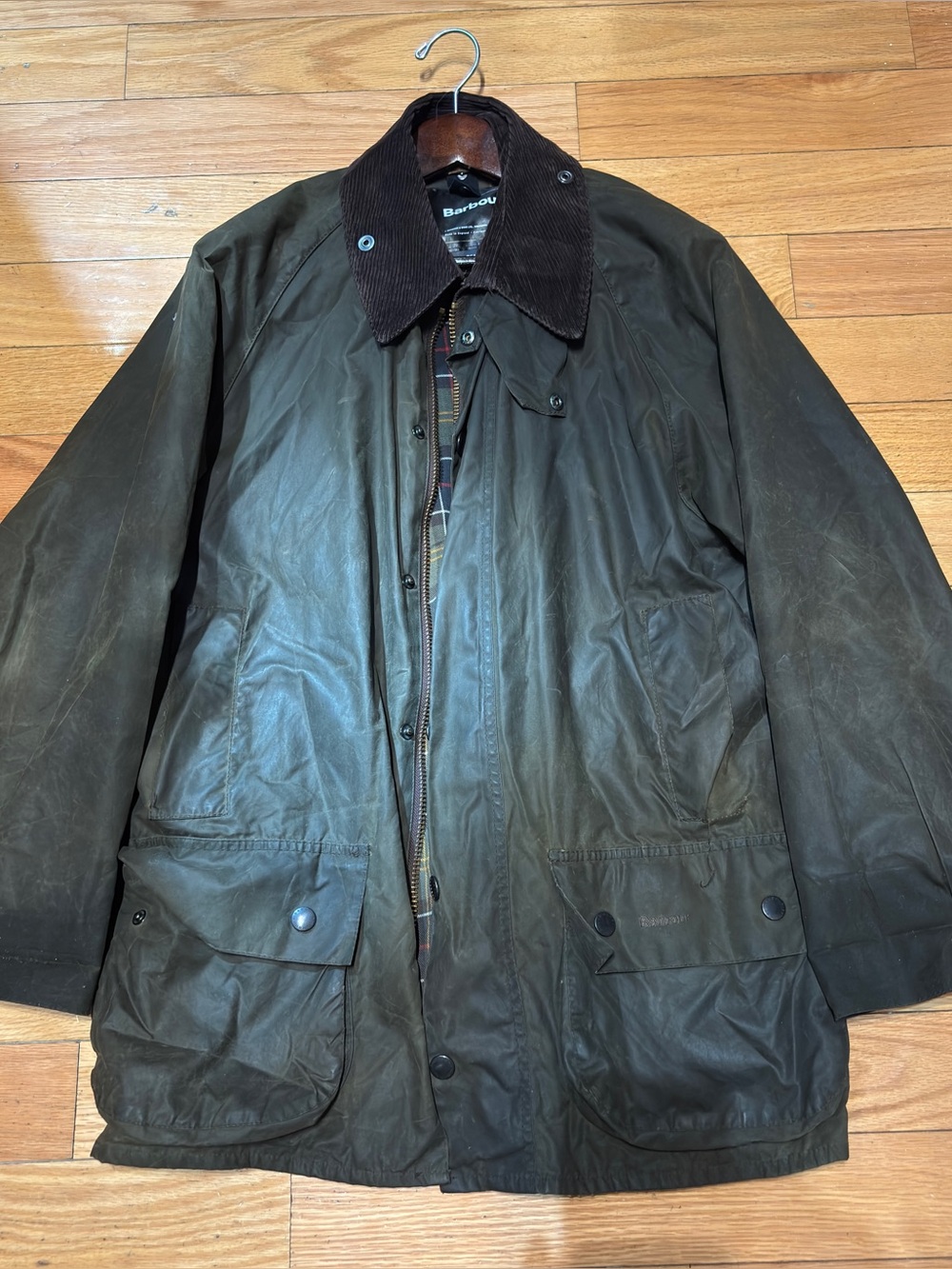 Barbour Classic Beaufort Olive Green Waxed Jacket Plaid Lined Large Distressed L